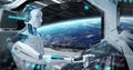 Robot in a control room flying a white modern spaceship with window view on space 3D rendering