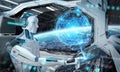 Robot in a control room flying a white modern spaceship with window view on space and digital globe hologram 3D rendering