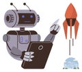 Robot Controller Managing Rocket Launch with a Futuristic Cityscape Royalty Free Stock Photo