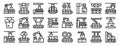 robot conveyor belt icons set. Conveyor belt manufacturing automation process with robotic arms icons set outline style