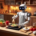 A robot cooking dinner in a kitchen. Generative Ai.