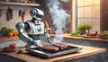 Robot cooking steak on grill.AI Generated