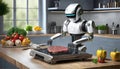 Robot cooking steak on grill.AI Generated