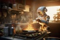 Robot cooks food in the kitchen