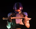 Cyberpunk future concept. Bionic cyborg police officer with short samurai sword stands in dark. Halfman robot looks at