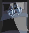 Robot couple, male and female in bed.