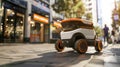 Robot courier delivering goods in housing complex. Automated delivery robot on its route. Concept of efficient delivery