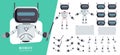 Robot creator kit vector set design. Robots teacher editable character with head, arms, legs and white board elements