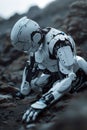 A robot is crouched down on the ground in a rocky area, AI