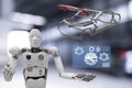 Robot cyber future futuristic humanoid with Drone technology engineering device check, for fix in garage industry inspection,