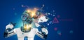 Robot or cyborg with artificial intelligence failures overloaded and broken down. AI not coped with the task. Artificial brain