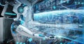 Robot cyborg in a control room flying a white modern spaceship with window view on space and digital graph 3D rendering