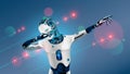 Robot or cyborg dabbing on party. Android in dab pose. AI. Artificial intelligence. Cybernetic man dance in nightclub techno or el Royalty Free Stock Photo