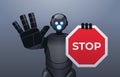 robot cyborg holding red stop sign robotic character showing no entry hand gesture artificial intelligence Royalty Free Stock Photo
