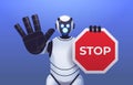 robot cyborg holding red stop sign robotic character showing no entry hand gesture artificial intelligence Royalty Free Stock Photo