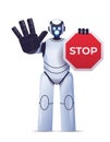 robot cyborg holding red stop sign robotic character showing no entry hand gesture artificial intelligence Royalty Free Stock Photo