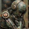Robot cyborg humanoid artificial intelligence rusty metal weathered texture futuristic machine technology ai concept