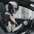 robot cyborg with phone in self-driving autonomous automated driverless vehicle Royalty Free Stock Photo