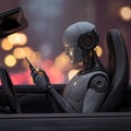 robot cyborg with phone in self-driving autonomous automated driverless vehicle Royalty Free Stock Photo