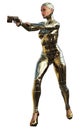 Robot cyborg soldier with gun, golden armor, 3d illustration