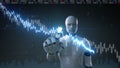 Robot cyborg touched screen, various animated Stock Market charts and graphs. Decrease line. Artificial Intelligence