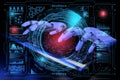 Robot cyborg typing on keyboard. Sci fi Hologram control panel dashboard in HUD style. Futuristic background. 3d realistic