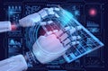 Robot cyborg typing on keyboard. Sci fi Hologram control panel dashboard in HUD style. Futuristic background. 3d realistic