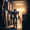 A robot or cyborg working in a warehouse, generative AI Royalty Free Stock Photo