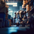 A robot or cyborg working in a warehouse, generative AI