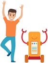 Robot dancing disco with man. Artificial intelligence, development of technology for entertainment