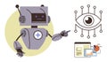 Robot Demonstrating Artificial Intelligence, Eye Symbolizing Vision, and Digital Screens with Analytics Royalty Free Stock Photo