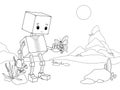 A robot in the desert communicates with a butterfly. Raster, page for printable children coloring book.