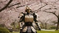 Samurai Robot Under Cherry Blossoms