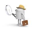 Robot detective. Robot holding and looks through magnify glass