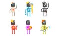 Robot of Different Professions Set, Doctor, Painter, Policeman, Firefighter, Florist, Farmer Cartoon Vector Illustration