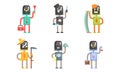 Robot of Different Professions Set, Plumber, Farmer, Cook, Lumberjack, Waiter, Scientist Cartoon Vector Illustration