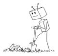 Robot Digging Hole on Garden, Vector Cartoon Stick Figure Illustration