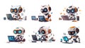 Robot digital tasks cartoon vector scenes. Large eyes sensors keyboard desktop computer mobile device mug programming Royalty Free Stock Photo
