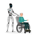 Robot with disabled man flat vector illustration. Cyborg caregiver and handicapped senior in wheelchair characters