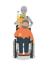 Robot with disabled senior man in wheelchair and grocery bag Royalty Free Stock Photo