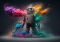 Robot disposing of smoke bombs on a colorful background.Bomb disposal robot concept in war. Generative AI