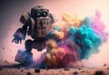 Robot disposing of smoke bombs on a colorful background.Bomb disposal robot concept in war. Generative AI