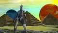 Robot in a Distant World with two Planets and Egyptian style Pyramids Royalty Free Stock Photo