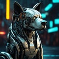 he robot dog is a mechanical machine. Animal consists of metal parts and electronics.