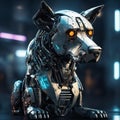 The robot dog is a mechanical machine. ÃÂnimal consists of metal parts and electronics. Head with yellow eyes, close-up. Royalty Free Stock Photo