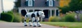 Robot dog walking on the street on the asphalt