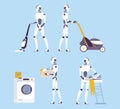 Robot doing housework. Robotic housekeeping. Robot doing home cleanup, laundry.