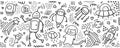 Robot doodle print. Set of space objects, robot and symbols. Planets and ships. Space doodles. Future concept with robot, planets,