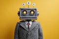 Robot dressed in a suit with a questioning expression on a yellow background. Royalty Free Stock Photo
