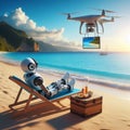 Robot with a drink rests on the beach near the sea. Vacations lifestyle concept